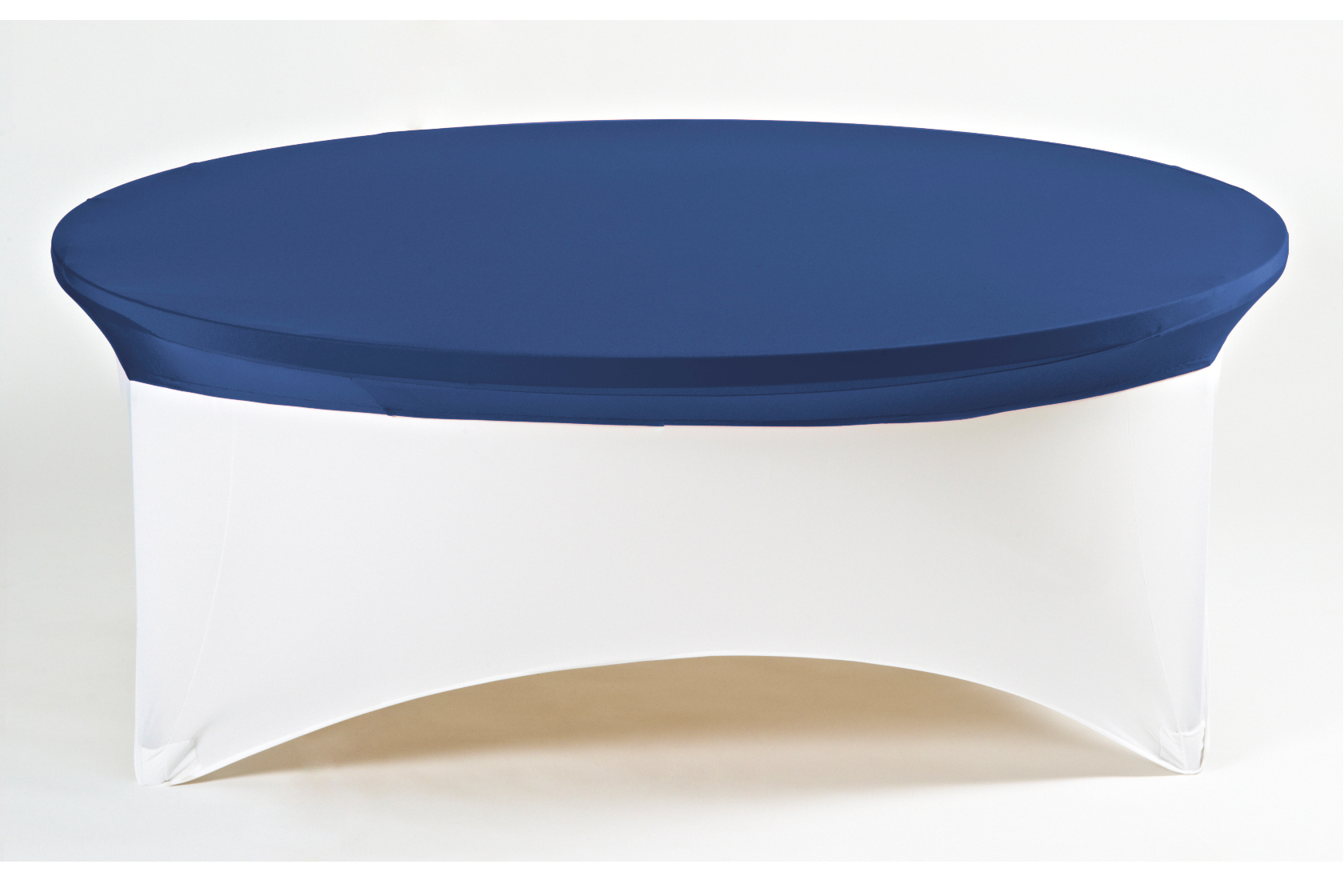 WEISSE SPANDEX RUNDTISCHHUSSE MIT DUNKELBLAUEM OBERTEIL